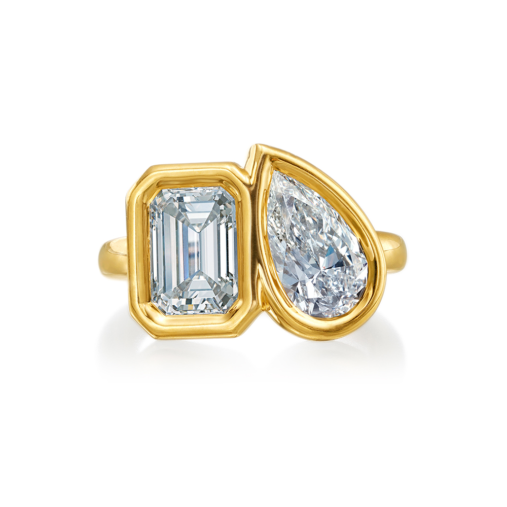 Toi et Moi Bezel Set Emerald and Pear Shape Diamond Ring